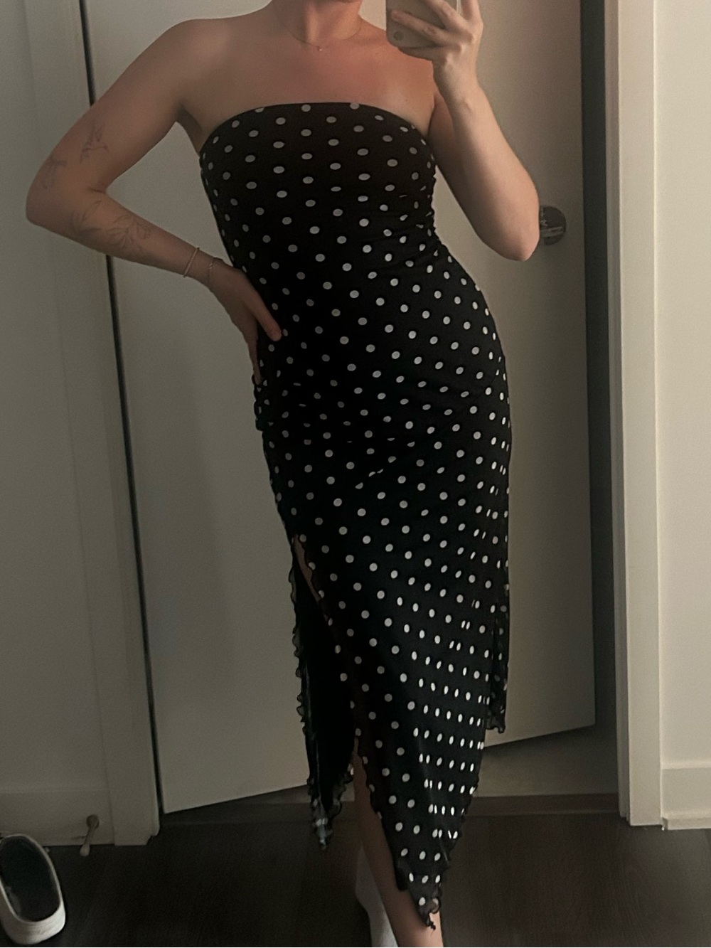 Strapless Black Polka Dot Midi Dress Urban Outfitters